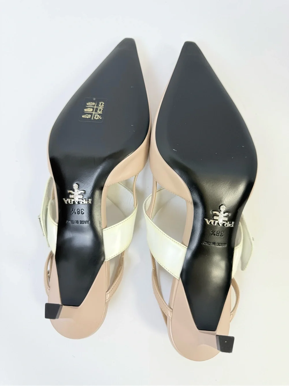 Prada Triangle Logo Mary Jane Slingback Nude Ivory Leather Heel pumps EU 38.5